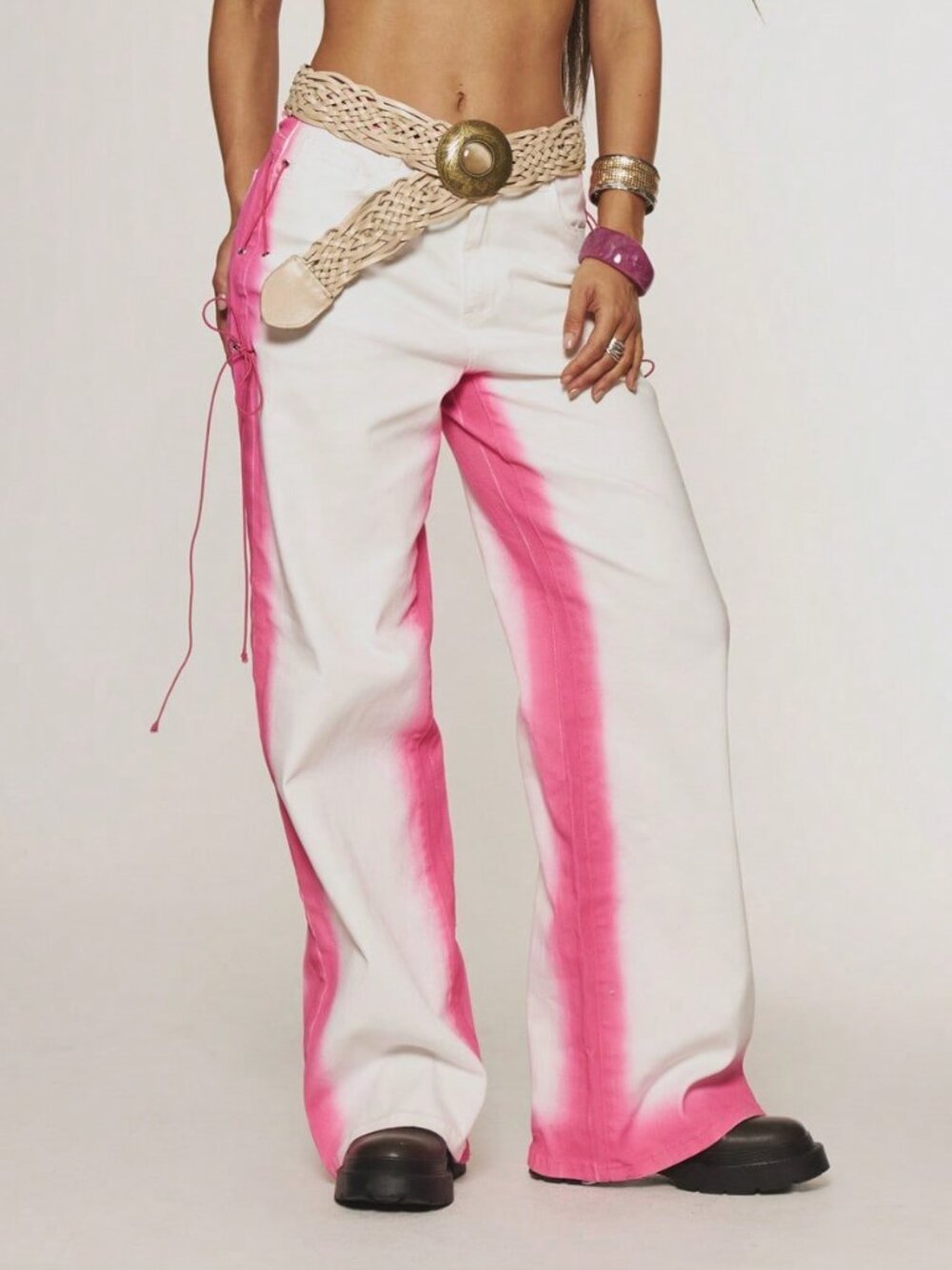 Hot Pink Casual Women's Contrast Washed Eyelet Tie Denim Jeans